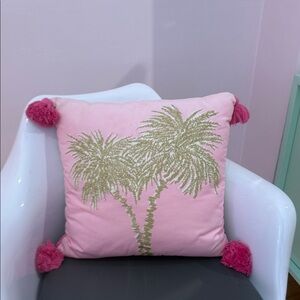 Lilly Pulitzer Pink Pillow with Gold Palm Tree Design and white and gold script